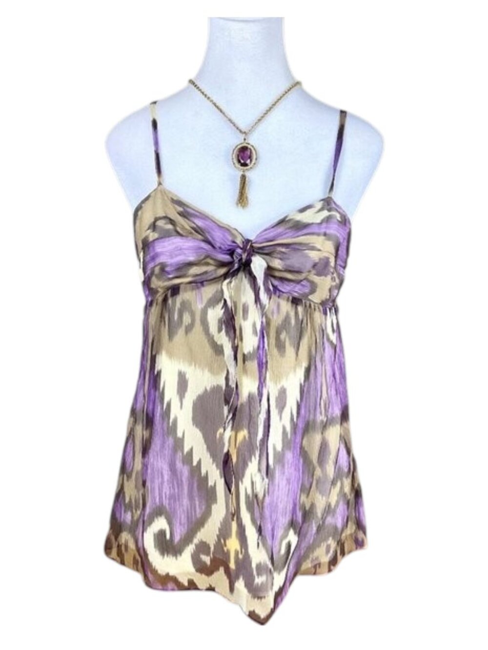 Theory Y2k Silk Cami Top Tie Front Brown Purple Boho Geometric Size M